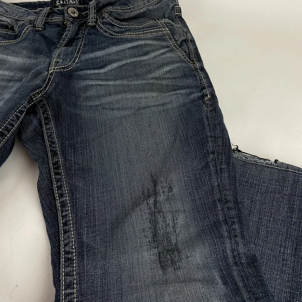 Distressed Salvage Buckle Men's Mayhem Straight Stretch Blue Jeans Size 31R x 28